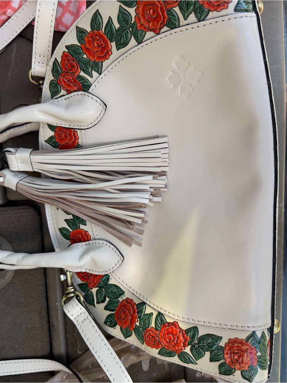 White Floral Embossed Leather Tote with Tassel